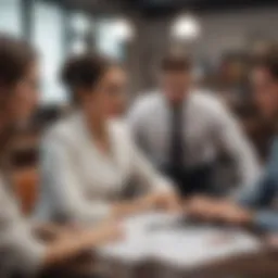 A close-up shot of a diverse group of business professionals discussing over a table filled with documents and a laptop.