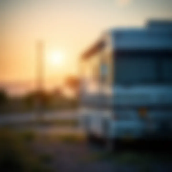 A scenic view of an RV parked in a serene setting, symbolizing freedom and adventure.