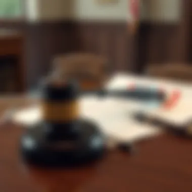 A gavel resting on legal documents in a courtroom setting