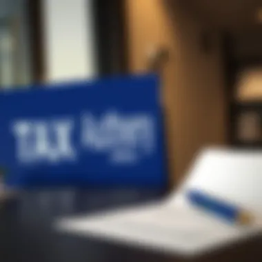 A close-up of a tax authority office sign with a pen and paper nearby