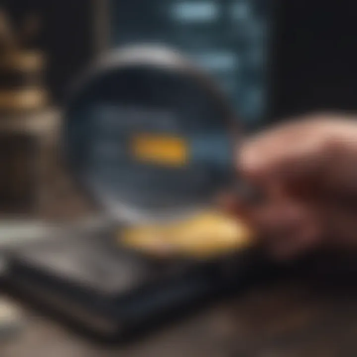 A magnifying glass over a digital wallet, symbolizing scrutiny.