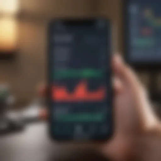 A smartphone displaying a forex trading app interface showcasing charts and graphs.