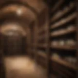 A close-up view of a wine cellar showcasing an impressive collection of bottles